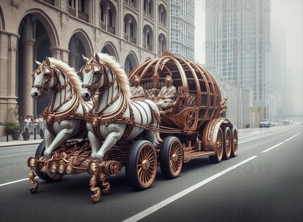 Punk luxury carriage pulled by fake electric horses