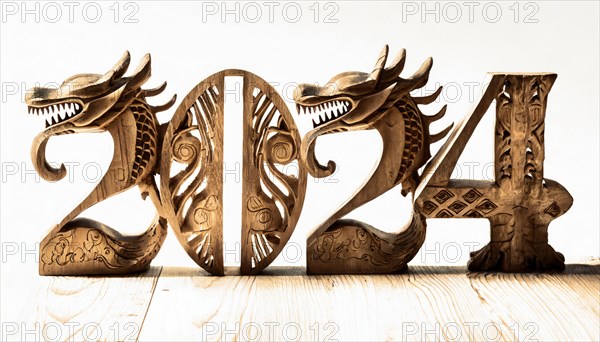 Happy new year 2024 with wood carved numbers in shape of wooden dragons symbol isolated on white background. AI generated art
