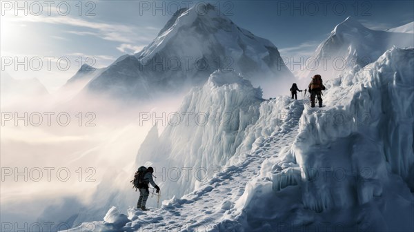 Three mountaineers work their way up a peak in the high mountains in winter with lots of snow and ice