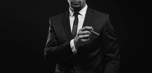 Image of an adult stylish man in a suit with a cigar. Cigar clubs concept.