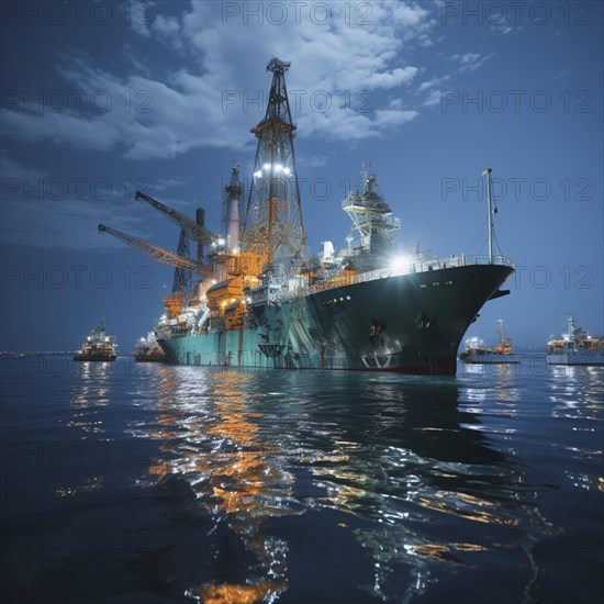 Calm night at sea with a brightly lit offshore drilling rig and reflections on the water