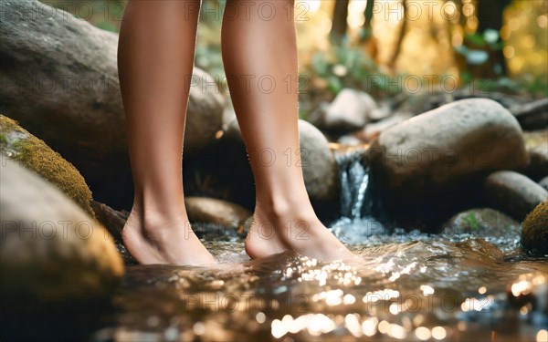 A woman cools her feet in a mountain stream