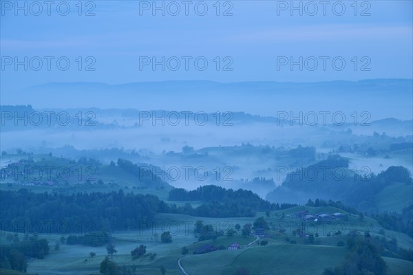 Moraine hill landscape with meadows and trees and some farms with morning fog and cloudy sky