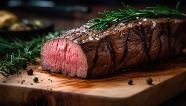 Grilled beef steak with rosemary and spices on wooden cutting board AI generated