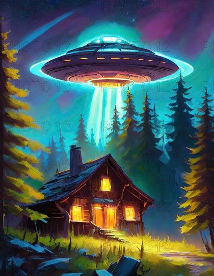 Unidentified Aerial Phenomena UAP as a mysterious alien spaceship above and an old wooden house in the fir forest at night. Anomalous UFO sci-fi surreal painting. AI generated art