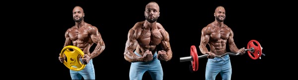 Set of three sexy muscular men wearing jeans. Posing on a black background with dumbbells and barbells. Bodybuilding and fitness concept.