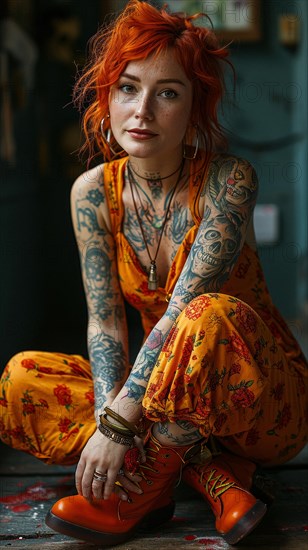 Young red-haired model with orange leather shoes sitting on the floor