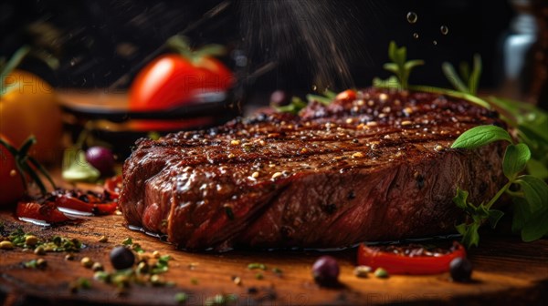 Grilled beef steak with fresh salad and cherry tomatoes on black background AI generated AI generated