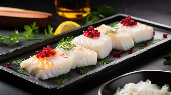 Raw white fish fillet with spices and lemon on wooden cutting board AI generated