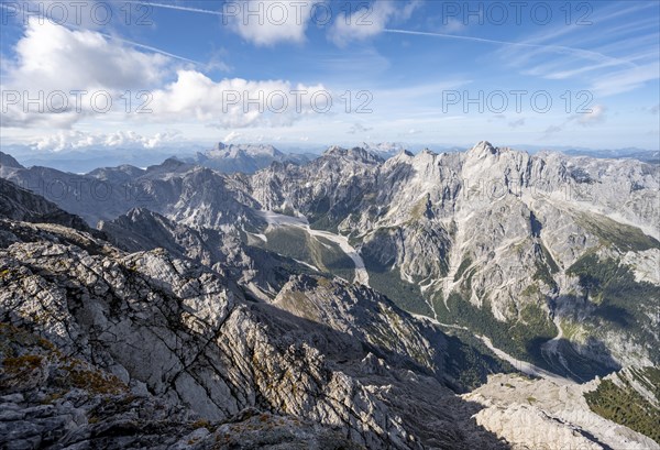 View of Wimbachgries valley and mountain panorama with rocky mountain peak of Hochkalter