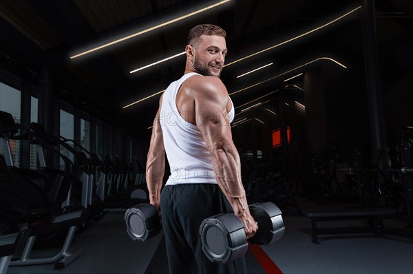 Handsome young man working out with dumbbells in the gym. Shoulder pumping. Fitness and bodybuilding concept.