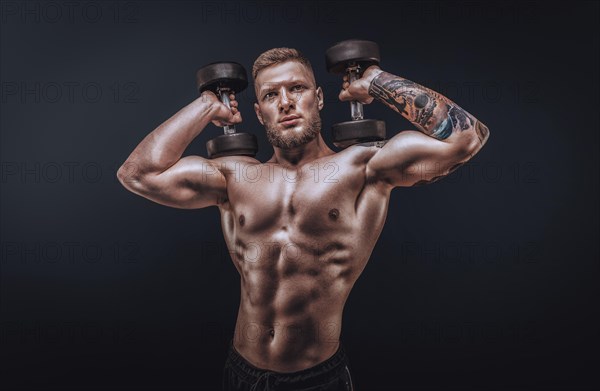 Young muscular guy posing with dumbbells in the studio. Shoulder pumping. Fitness and bodybuilding concept.