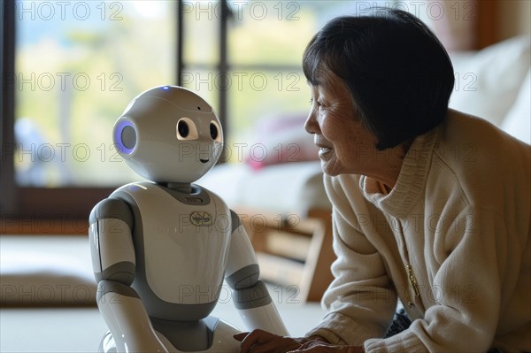 Elderly woman having fun with a white care robot controlled by artificial intelligence