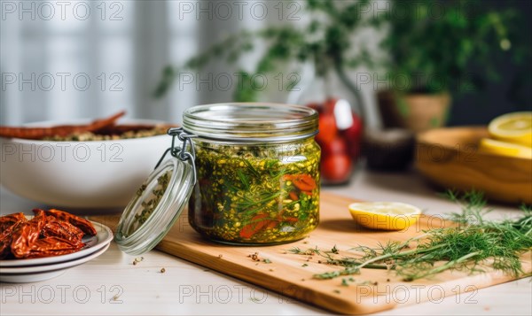 Homemade lemonade with herbs and spices in a glass jar AI generated