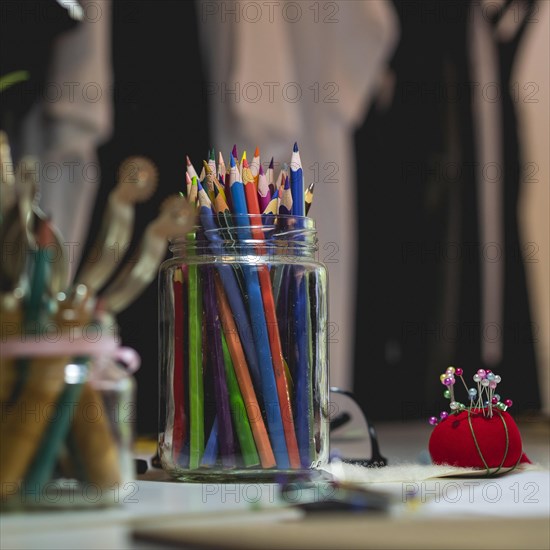 Desk of a fashion designer background concept