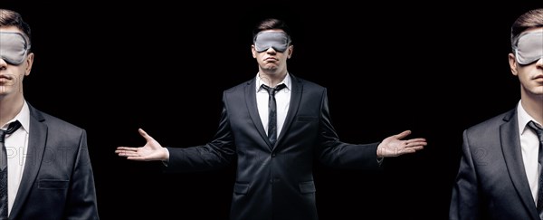 Combined portrait of a man in a mask for sleeping. He is standing on a black background. Concept of blind business