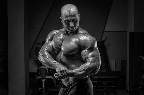 Professional weightlifter posing in the gym. Classic bodybuilding.