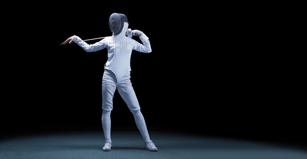 Charming girl dressed as a fencer posing with a mask and a sword. The concept of fencing.