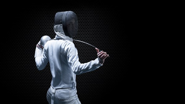 Charming girl dressed as a fencer posing with a mask and a sword. The concept of fencing. Back view.