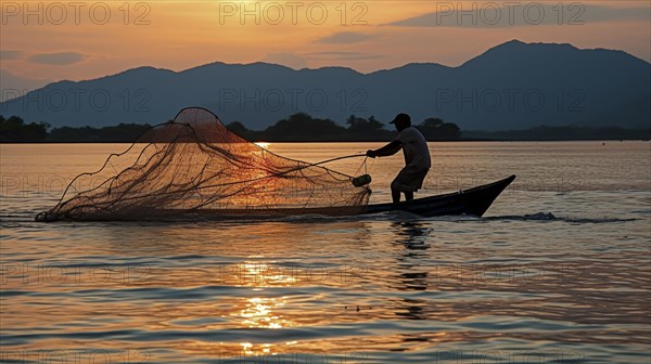 Silhouette of a fisherman with his net on a boat during the twilight hour