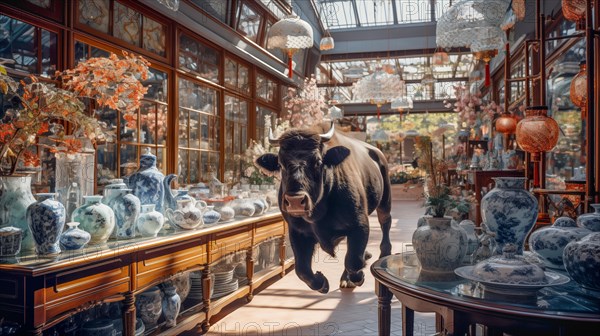 Very large bull with horns in a China shop filled with glassware. generative AI