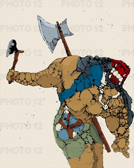 Grunge graphic with armed Orc charging