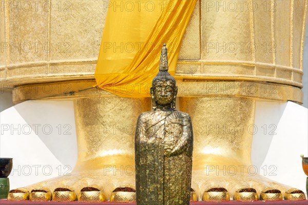Buddha figure decorated with gold leaf in front of a 32 metre high standing Buddha statue