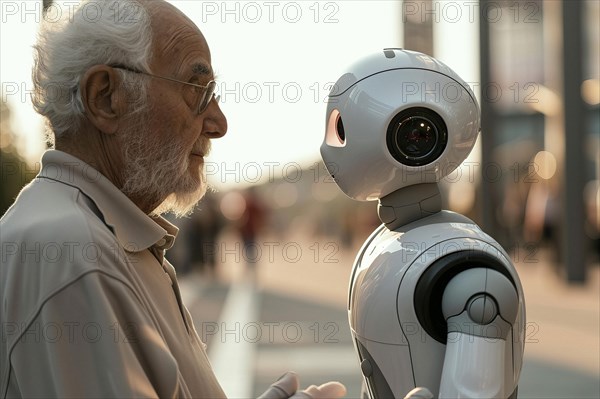 Old man having fun with a white artificial intelligence controlled care robot