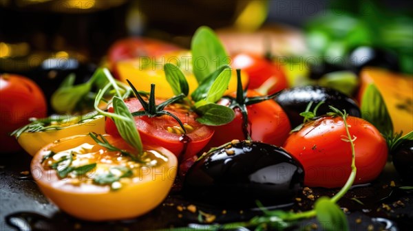 Slices of cherry tomatoes with olives and herbs on a black background AI generated