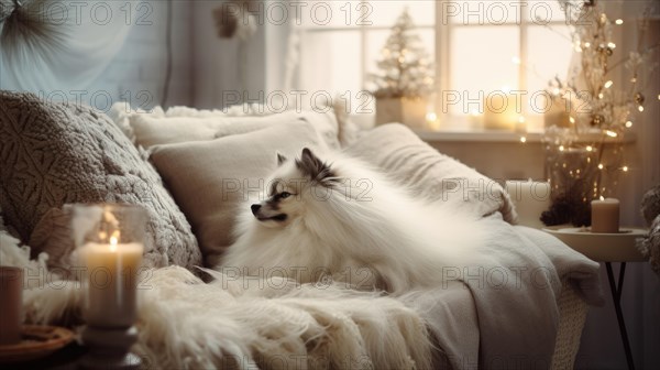Pomeranian Spitz dog with wool blanket on sofa at home AI generated