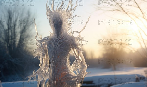 Mystical ice creature captured in a wintry landscape at sunrise has an ethereal presence AI generated