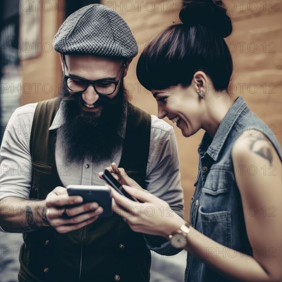 Young hipster couple having genuine fun wandering around downtown Wanderlust lifestyle and travel concept with boy and girl together interacting on social media with their smart phone