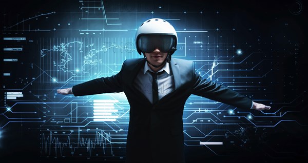 Portrait of a man in a suit and helmet. He shows that he is flying against the background of a futuristic hologram. Business concept. Internet technologies.