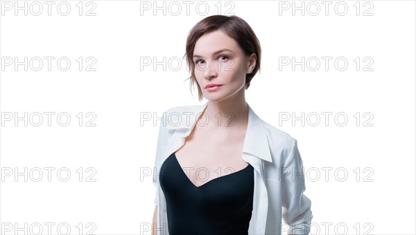 Charming adult business woman with perfect clean skin posing in studio. Skin care concept