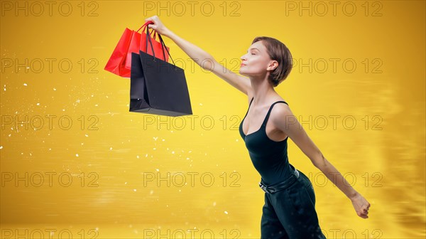 Image of a beautiful tall woman flying shopping with packages in hand. Decay effect. Holidays concept.