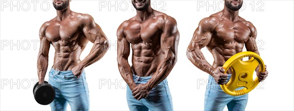 Set of three sexy muscular men. Posing on a white background with dumbbells and barbells. Bodybuilding and fitness concept.