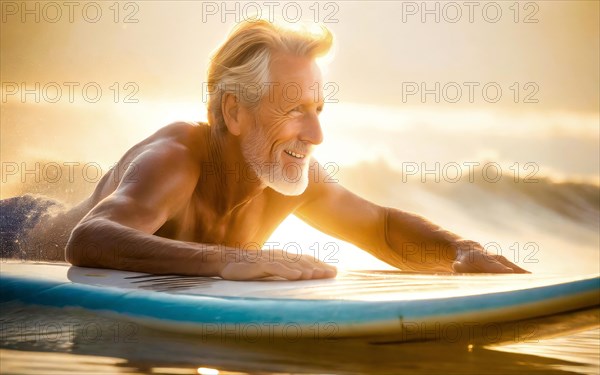 Elderly man on a surfboard in the sea
