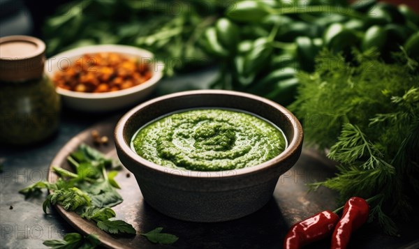 Pesto sauce with fresh herbs and spices on dark background AI generated