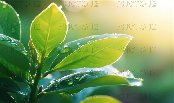 Lush green leaves with water droplets bathed in radiant sunlight AI generated