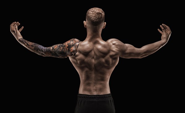 Back portrait of an athletic muscular man in the studio. Fitness concept.