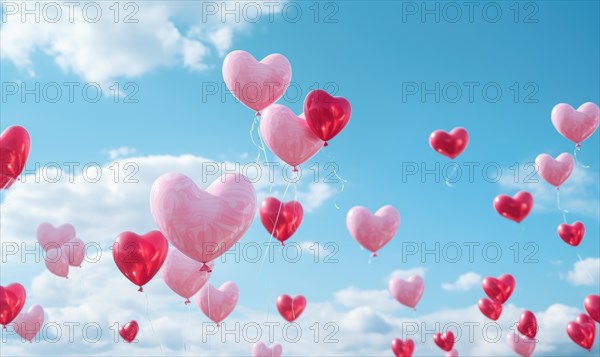 Pink and red heart-shaped balloons floating in a blue sky with clouds AI generated