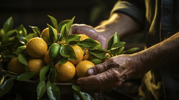Close-up of hands arranging oranges with green leaves