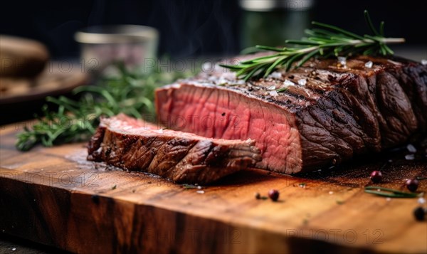 Grilled beef steak with rosemary and spices on wooden cutting board AI generated