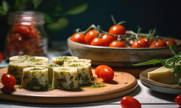 Homemade cheese with herbs and olive oil on a wooden board AI generated