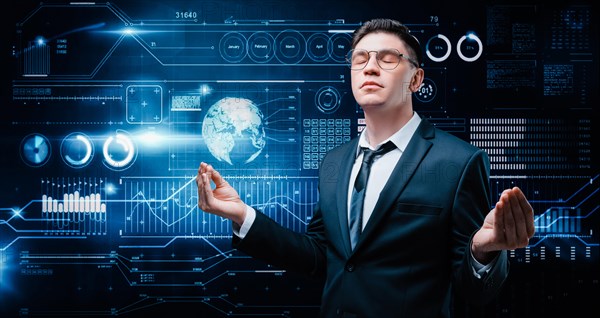 Confident man is standing in a business suit on the background of a stock exchange hologram. He is meditating. Stock broker and trader. Business investment.