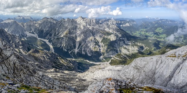 View of Wimbachgries valley and mountain panorama with rocky mountain peak of Hochkalter