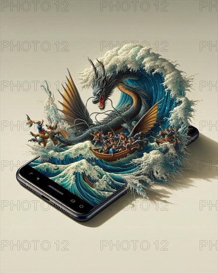 Surreal artwork of a chinese dragon emerging from waves in tsunami next to a vintage boat