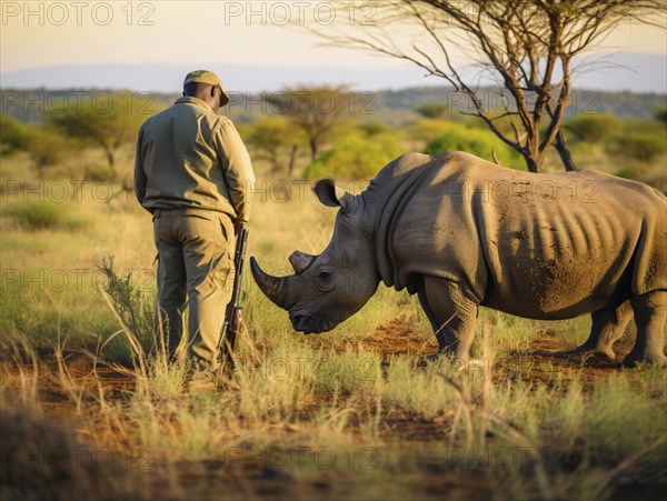 A ranger in uniform observing a rhinoceros in a tranquil grassland during the late afternoon