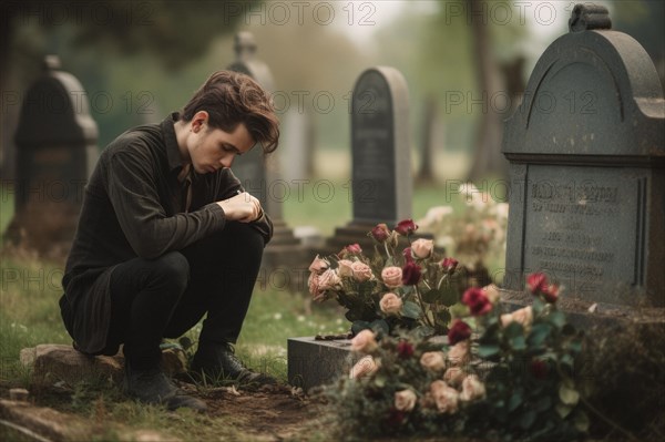 Man sitting sadly at gravestone