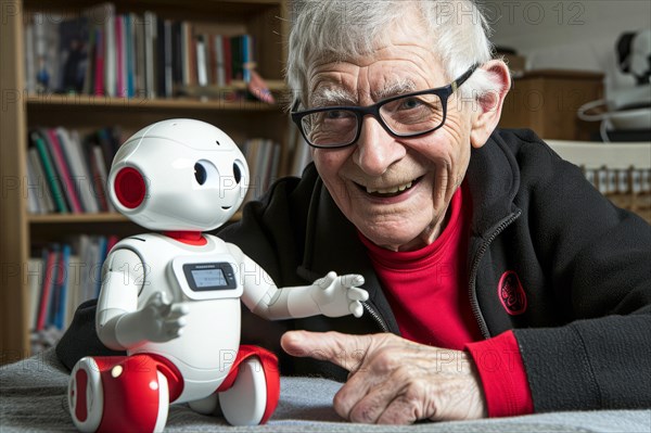 Old man having fun with a white artificial intelligence controlled care robot